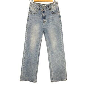 Genleck Womens Straight Leg Criss Cross Jeans Size 8 Med Wash Stretch Y2K